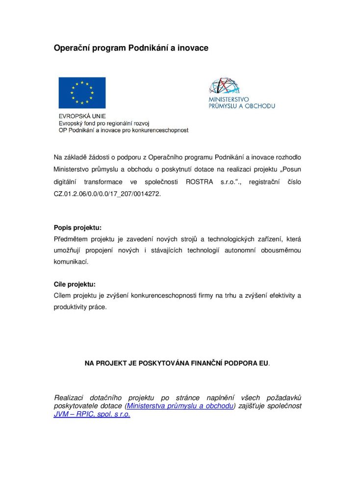 Informace o projektu Výstavba výrobní haly – lisovny (OPPI) — plakát povinné publicity